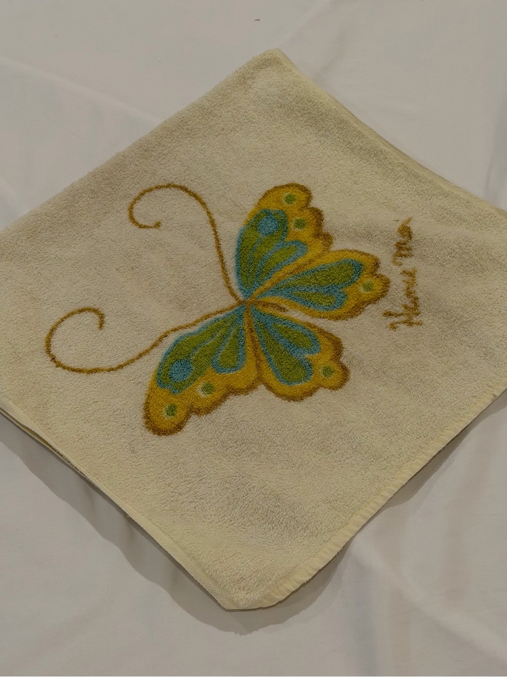 Vintage Hanae Mori for Martex Butterfly Hand Towel Yellow 1970s Retro Bath